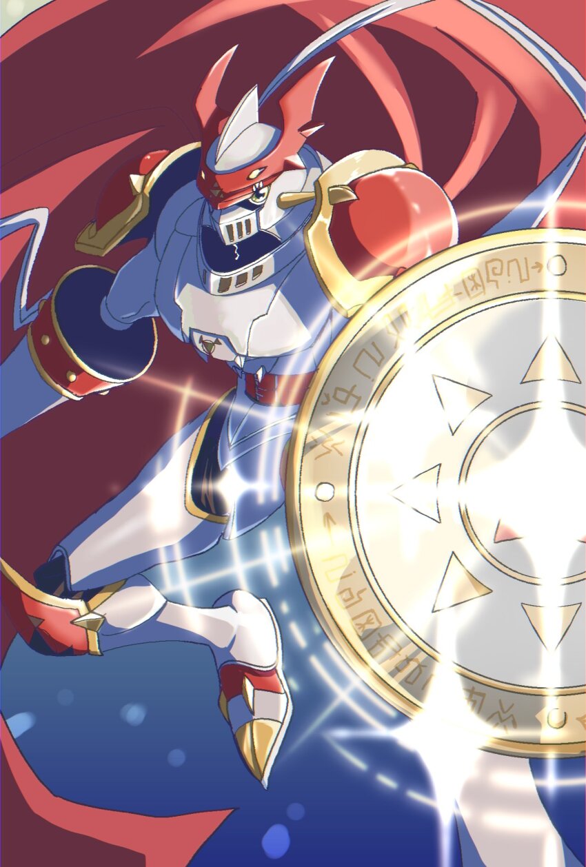 blue_background cape digimon digimon_(creature) dukemon glowing highres holding holding_pole holding_shield knight lance megane_mochi pole polearm red_cape shield solo weapon yellow_eyes