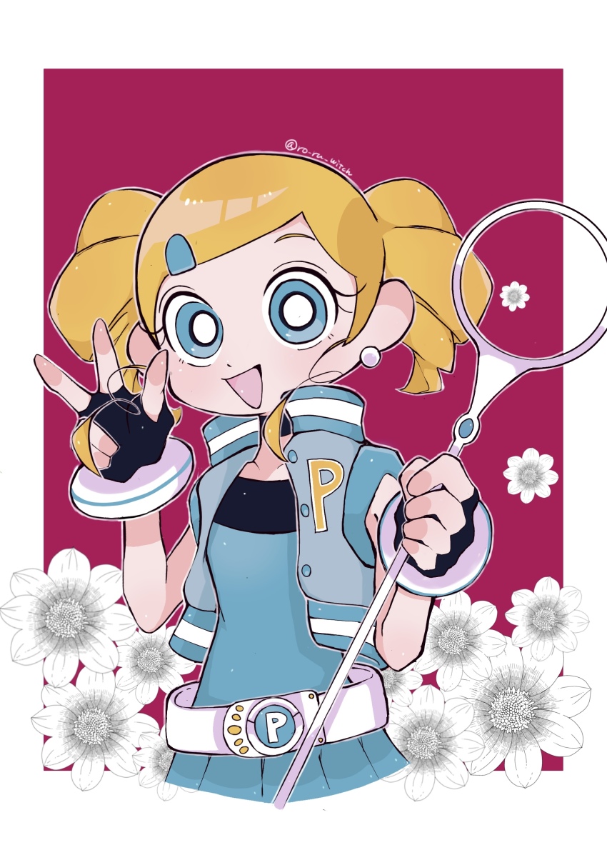1girl absurdres belt blonde_hair blue_dress blue_eyes blue_jacket border bright_pupils bubble_wand dress drill_hair earrings eyelashes fingerless_gloves flower gloves goutokuji_miyako hair_ornament hairclip highres jacket jewelry looking_at_viewer open_mouth powerpuff_girls_z ro_ru_witch rolling_bubbles short_hair sleeveless sleeveless_jacket solo twin_drills v white_belt white_border white_flower white_pupils