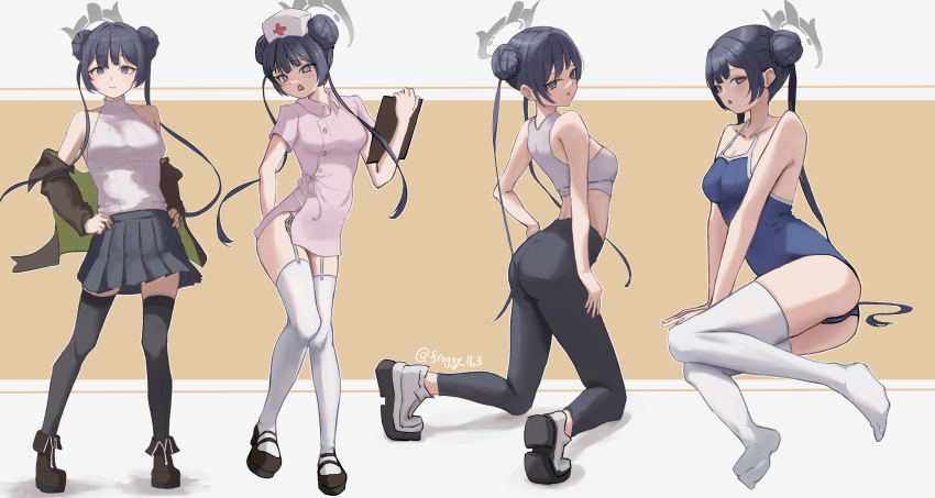 1girl :t @_@ absurdres alternate_costume arm_at_side arm_support ass back bare_arms bare_shoulders black_hair black_jacket black_pants black_shoes black_skirt blue_archive blunt_bangs blush breasts chinese_commentary cleavage closed_mouth collarbone commentary_request d: double_bun dress embarrassed froggy_(froggy_163) full_body garter_straps grey_eyes grey_halo gym_uniform hair_bun halo hand_on_own_hip hand_up hands_on_own_hips hat highres hip_vent holding holding_notebook jacket jacket_partially_removed kisaki_(blue_archive) kneeling knees_together_feet_apart long_hair long_sleeves looking_at_viewer looking_down mary_janes medium_breasts midriff miniskirt multiple_views no_shoes notebook nurse nurse_cap open_clothes open_jacket open_mouth outline pants pink_dress pleated_skirt pout ribbed_sweater shoes short_dress short_sleeves simple_background sitting skirt sleeveless sleeveless_sweater smile soles sports_bra standing sweater thighhighs tsurime twintails twitter_username two-tone_background v_arms very_long_hair white_hat white_outline white_shoes white_sports_bra white_sweater white_thighhighs yellow_background yokozuwari zettai_ryouiki