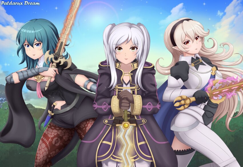 3girls brown_hair female_corrin_(fire_emblem) female_byleth_(fire_emblem) female_robin_(fire_emblem) fire_emblem fire_emblem:_three_houses fire_emblem_awakening fire_emblem_engage fire_emblem_fates fire_emblem_heroes green_eyes green_hair highres multiple_girls nintendo patdarux red_eyes sword weapon weapons white_hair