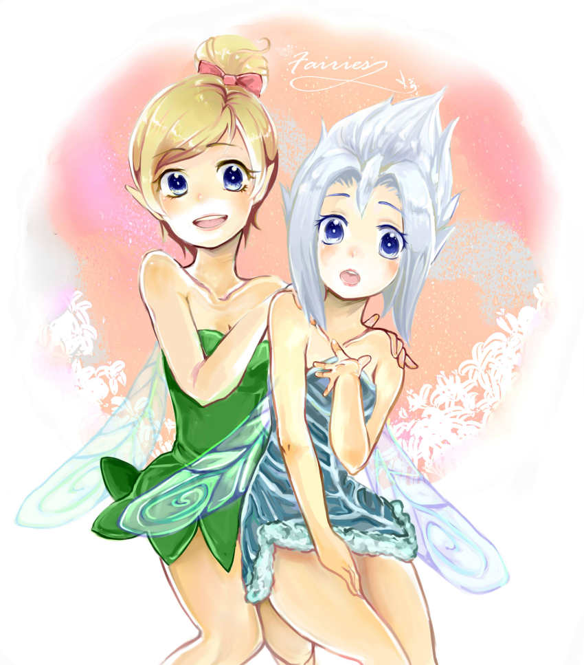 2girls :o absurdres animification blonde_hair blue_dress blue_eyes blue_skirt disney disney_fairies_(film_series) dress english_text fairy fairy_wings green_dress green_skirt hand_on_own_chest hand_on_own_thigh hands_on_another&#039;s_shoulders highres kamiroku211 multiple_girls periwinkle pointy_ears ponytail short_dress short_ponytail siblings silver_hair sisters skirt smile tinker_bell_(disney) walt_disney&#039;s_peter_pan wings