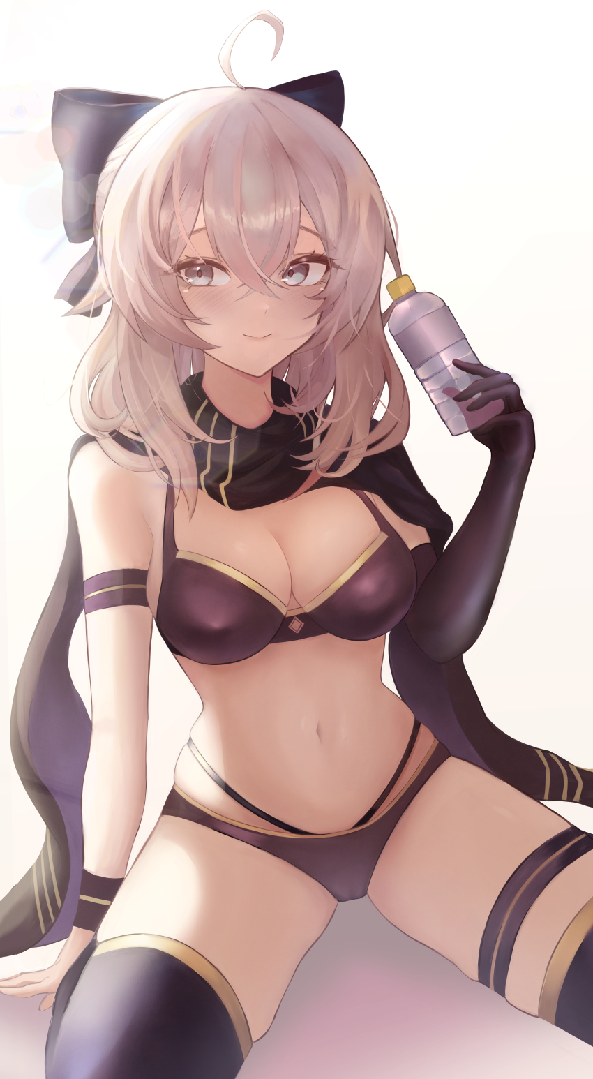 1girl absurdres ahoge bare_shoulders bikini black_bikini black_bow black_gloves black_scarf black_thighhighs blue_eyes bottle bow breasts cleavage closed_mouth crossed_bangs drink elbow_gloves fate/grand_order fate_(series) gloves hair_between_eyes hair_bow highres holding holding_bottle holding_drink incredibly_absurdres kaka_(abclkj12) looking_at_viewer navel okita_j._souji_(fate) okita_j._souji_(first_ascension)_(fate) okita_souji_(fate) scarf short_hair sitting smile solo swimsuit thighhighs thighs water_bottle