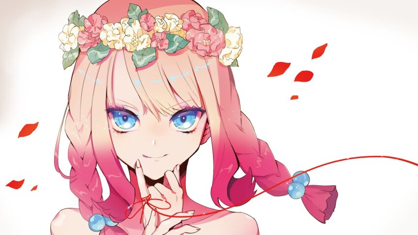 1girl blue_eyes braid gradient_hair grin happy head_wreath hinomoto_alice indie_virtual_youtuber just_be_friends_(vocaloid) looking_at_viewer megurine_luka megurine_luka_(chiffon_dress) multicolored_hair petals pink_hair puppeteer7777 simple_background smile string string_of_fate twin_braids upper_body virtual_youtuber white_background