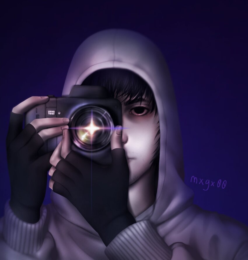 1boy arms_up black_eyes black_gloves black_hair bloodshot_eyes blue_background camera cry_of_fear expressionless fingerless_gloves glint gloves grey_hoodie highres holding holding_camera hood hood_up hoodie looking_at_viewer male_focus mxgx00 short_hair simon_henriksson solo sparkle taking_picture upper_body