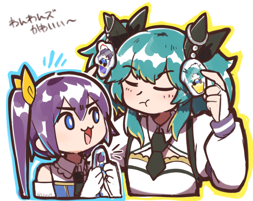 2girls :3 :t aqua_hair arms_up assault_lily bare_shoulders black_necktie black_ribbon blue_eyes blue_outline blue_shirt blush bright_pupils character_charm charm_(object) closed_eyes collared_shirt commentary_request cropped_torso elbow_gloves gloves hair_between_eyes hair_ribbon hands_up high_ponytail hishida_haru holding holding_charm juliet_sleeves kawanabe_nazuna long_hair long_sleeves looking_at_another medium_hair merchandise multiple_girls nabezoko_no_okoge necktie notice_lines odaiba_girls_high_school_uniform open_mouth outline pointing pointing_at_self ponytail puffy_sleeves purple_hair ribbon school_uniform shirt short_necktie side_ponytail simple_background suzuki_chinami translation_request twintails two-tone_shirt upper_body v-shaped_eyebrows white_background white_gloves white_pupils white_shirt yellow_outline yellow_ribbon