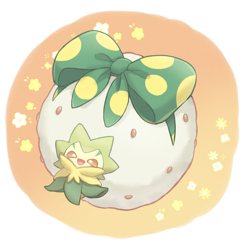 025sakura393 :d border bow bright_pupils brown_eyes commentary_request eldegoss eldegoss_(big_ribbon) flower_symbol full_body gen_8_pokemon green_bow happy highres nintendo no_humans open_mouth pokemon pokemon_(creature) pokemon_unite smile solo spotted_bow white_border white_pupils
