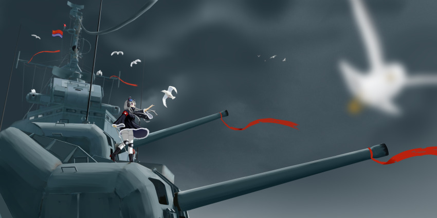 1girl absurdres animal_ears armband azur_lane bird black_boots black_coat boots cannon chang_chun_(azur_lane) chang_chun_(retrofit)_(azur_lane) coat commentary_request destroyer fake_animal_ears flag full_body fur-trimmed_coat fur_trim goggles goggles_on_head headphones highres holding holding_sword holding_weapon knee_pads military_vehicle on_ship panties pantyhose people&#039;s_liberation_army people&#039;s_liberation_army_navy personification red_armband red_eyes red_ribbon ribbon seagull ship short_hair_with_long_locks solo standing standing_on_one_leg sword underwear user_jydv3323 vehicle_and_personification warship watercraft weapon white_hair white_panties white_pantyhose wide_sleeves