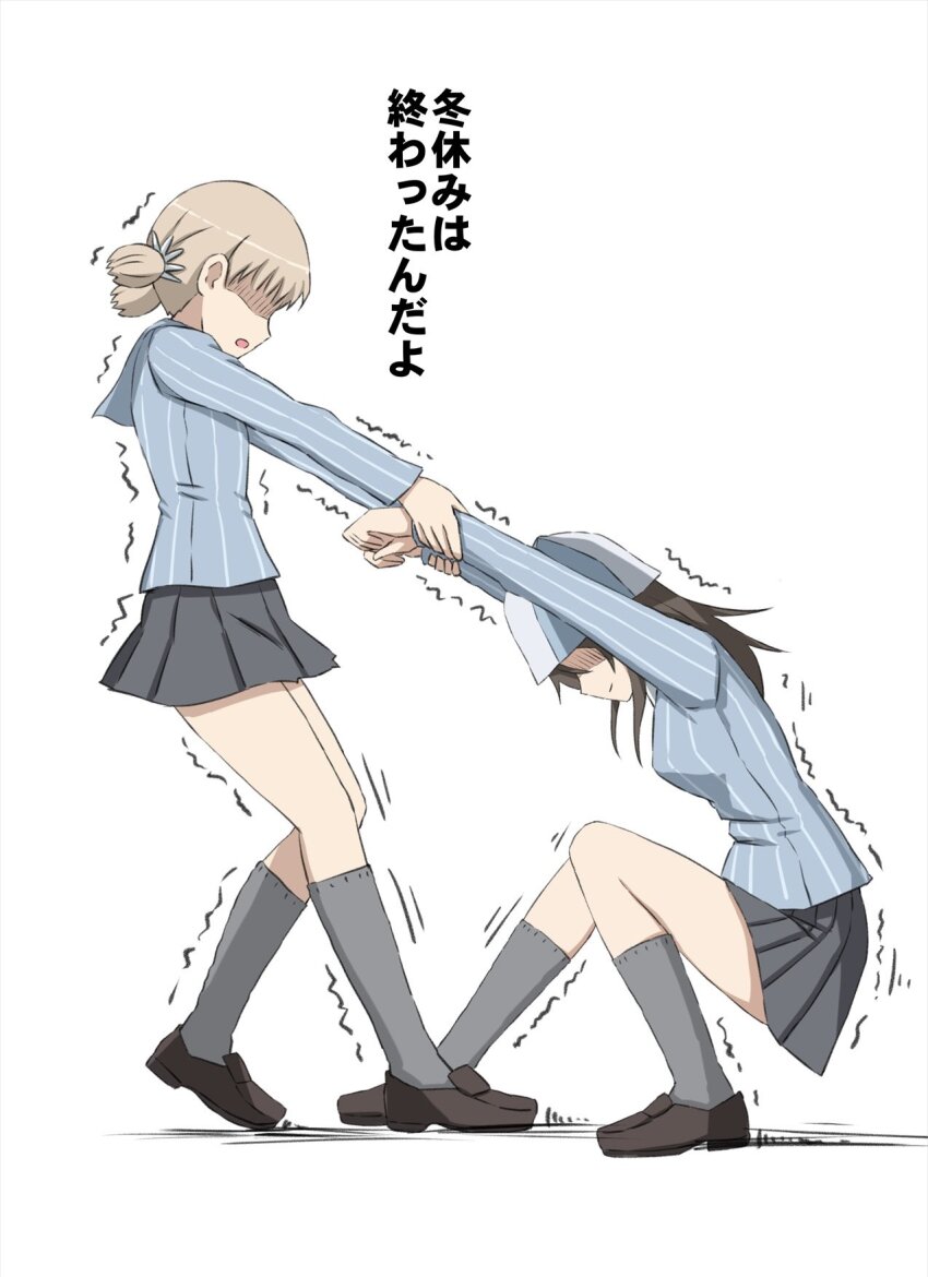 2girls aki_(girls_und_panzer) blue_sweater brown_footwear brown_hair girls_und_panzer grey_skirt grey_socks highres keizoku_school_uniform kneehighs long_hair mikko_(girls_und_panzer) miniskirt multiple_girls omachi_(slabco) school_uniform shaded_face short_hair short_twintails skirt socks striped_hat sweater translation_request twintails vertical-striped_sweater white_hair
