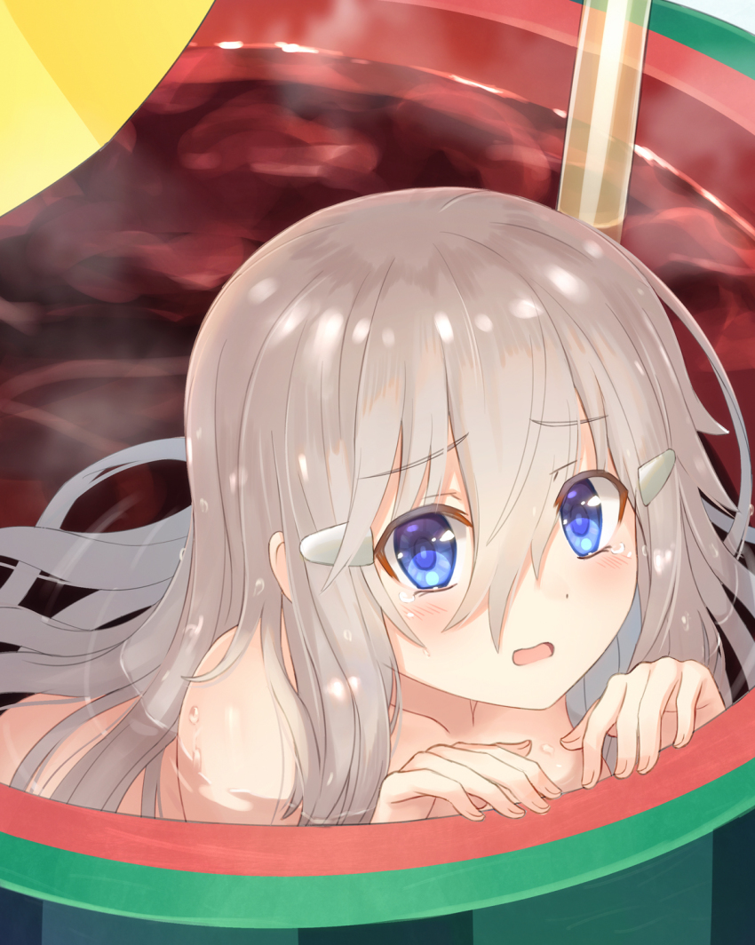 1girl azur_lane bad_id bad_pixiv_id blue_eyes blush collarbone commentary_request drink drinking_straw female_focus fingernails fortune_(azur_lane) grey_hair hair_between_eyes hair_ornament hairclip hands_up highres kaina_(tsubasakuronikuru) long_hair looking_at_viewer nude parted_lips solo steam tears very_long_hair wet wet_hair