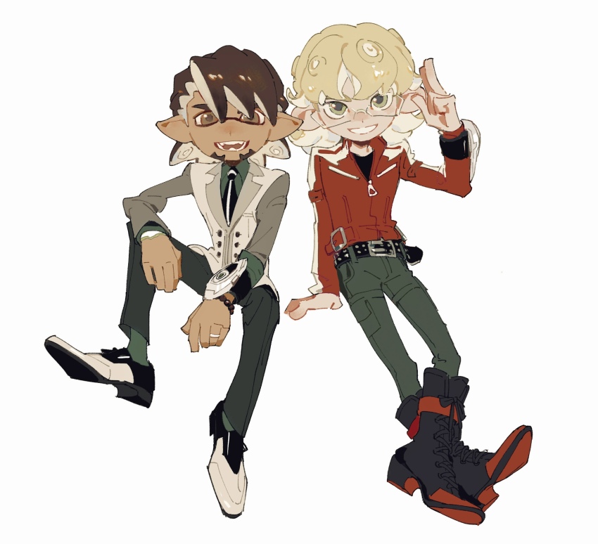 2boys absurdres barnaby_brooks_jr. black_boots blonde_hair boots brown_eyes brown_hair creamyghost facial_hair glasses goatee green_eyes green_pants green_socks grey_jacket grin highres inkling jacket kaburagi_t._kotetsu male_focus multiple_boys nintendo octoling open_mouth pants red_jacket simple_background smile socks splatoon_(series) splatoonification tiger_&amp;_bunny white_background