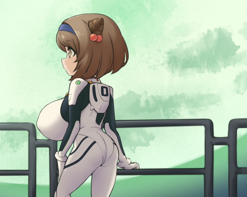 1girl alternate_breast_size_(larger) arm_support ass ayanami_rei ayanami_rei_(cosplay) blue_hairband bodysuit breasts brown_eyes brown_hair closed_mouth contrapposto cosplay draph expressionless female_focus from_side granblue_fantasy green_background hair_intakes hair_ornament hairband hand_on_own_thigh hand_on_railing highres horns huge_breasts impossible_bodysuit impossible_clothes looking_to_the_side mecha_pilot_suit medium_hair neon_genesis_evangelion oppai_loli pldf plugsuit_(cosplay) plugsuit_(evangelion) railing skin_tight solo standing yaia_(granblue_fantasy)