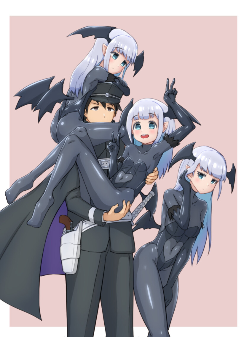 1boy 3girls aharen-san_wa_hakarenai aharen_eru aharen_reina aharen_ren backless_outfit black_bodysuit black_cloak black_hair blue_eyes bodysuit breasts brown_eyes carrying cloak cosplay covered_navel demon_costume demon_girl demon_wings devil_summoner:_raidou_kuzunoha_vs_the_soulless_army devil_summoner_(series) double_v elbow_gloves fake_wings fur_trim gloves grey_hair hat head_wings highres holster kuzunoha_raidou kuzunoha_raidou_(cosplay) latex latex_bodysuit leotard long_hair matsuboshi_raidou medium_breasts multiple_girls pointy_ears princess_carry sachisuki_gyoko sheath sheathed sitting_on_shoulder skin_tight small_breasts strapless strapless_leotard sword teeth upper_teeth_only v weapon wings