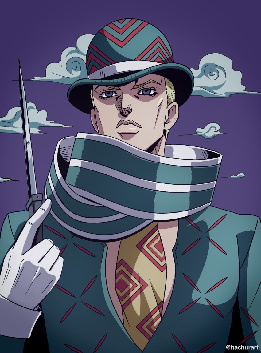 1boy absurdres blonde_hair bowler_hat cheekbones cloud cloudy_sky commentary commentary_request dead_man&#039;s_questions formal_clothes gloves green_hat green_scarf green_shirt hachura hat hatching_(texture) highres holding holding_knife jojo_no_kimyou_na_bouken kira_yoshikage knife male_focus necktie official_style purple_eyes purple_sky scarf shirt sky solo striped_clothes striped_scarf suit vertical-striped_clothes vertical-striped_scarf white_gloves white_scarf yellow_necktie