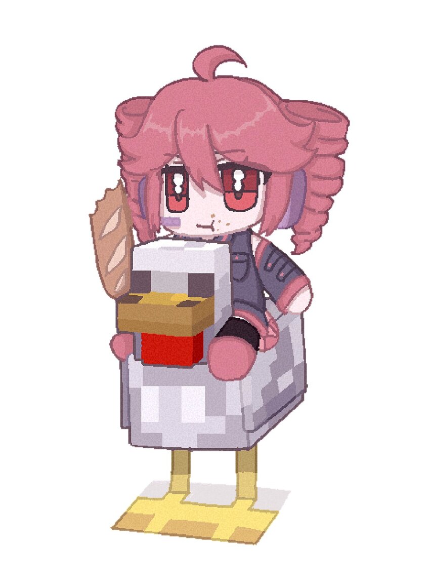 1girl :t ahoge bird black_shirt black_sleeves bread chibi chicken chicken_(minecraft) chicken_jockey closed_mouth commentary detached_sleeves drill_hair eating food food_on_face headset highres holding holding_food kasane_teto kasane_teto_(utau) lod_(lodddd) long_sleeves minecraft red_eyes red_hair red_shoes riding riding_animal shirt shoes simple_background sleeveless sleeveless_shirt solo symbol-only_commentary twin_drills utau white_background