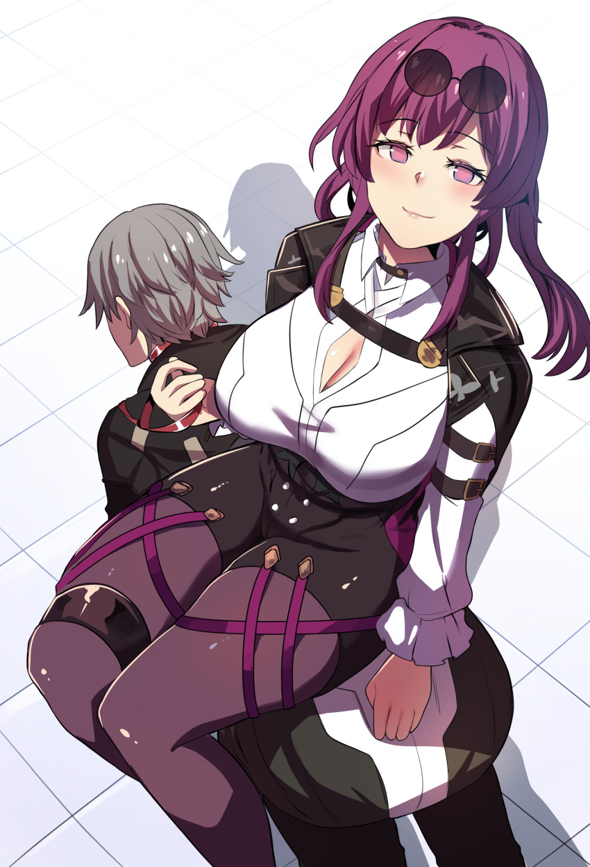 1boy 1girl absurdres all_fours arm_support artist_request belt_collar black_pants black_pantyhose black_skirt caelus_(honkai:_star_rail) cleavage_cutout clothing_cutout collar commentary eyewear_on_head from_above grey_hair highres holding holding_leash honkai:_star_rail honkai_(series) kafka_(honkai:_star_rail) leash leg_support long_hair long_sleeves looking_at_viewer looking_up low_ponytail pants pantyhose parted_bangs pencil_skirt ponytail purple_eyes purple_hair sidelocks simple_background sitting sitting_on_person skirt smile solo_focus sunglasses tile_floor tiles trailblazer_(honkai:_star_rail)