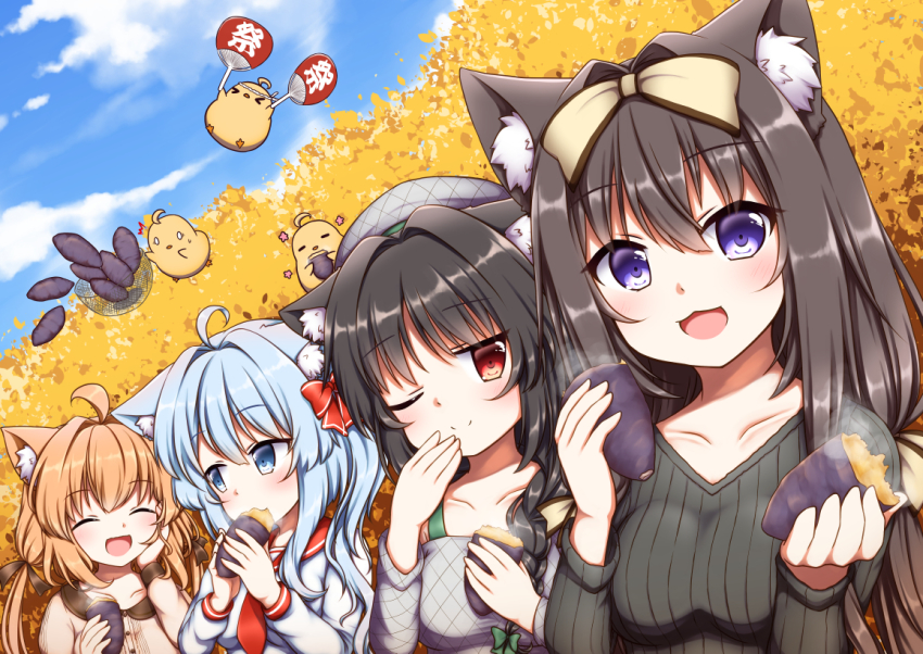 4girls arashio_(azur_lane) asashio_(azur_lane) azur_lane black_hair blue_eyes blue_hair breasts cat_girl commentary_request closed_eyes food hestia_(neko_itachi) manjuu_(azur_lane) michishio_(azur_lane) multiple_girls ooshio_(azur_lane) red_eyes sweater sweet_potato