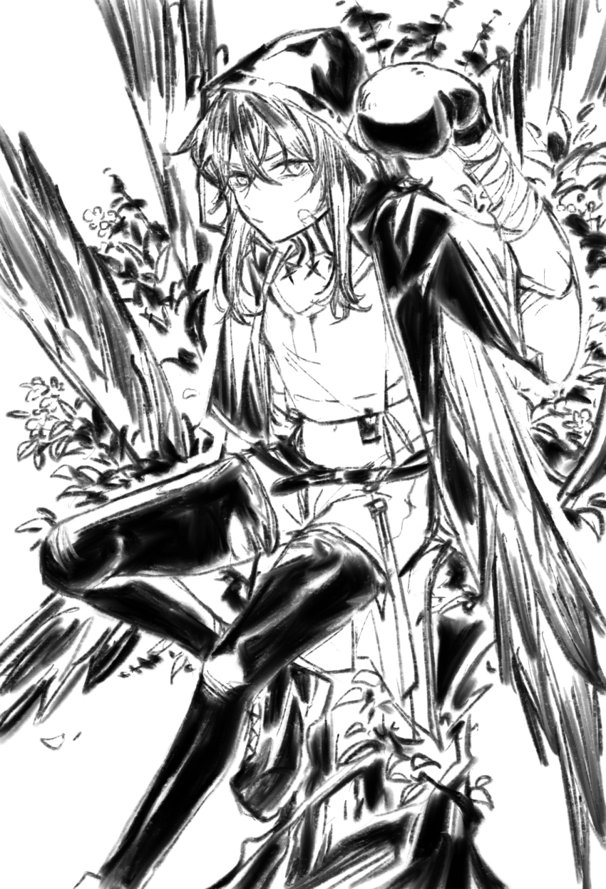 1girl :/ angry arknights bandaged_arm bandages bandaid bandaid_on_cheek bandaid_on_face belt belt_buckle bird_girl black_hair black_jacket black_pantyhose boxing_gloves buckle chinese_commentary closed_mouth crop_top cropped_shirt flint_(arknights) flower furrowed_brow highres hood hood_up hooded_jacket jacket leaf looking_at_viewer medium_hair midriff nature neck_tattoo open_clothes open_jacket pantyhose schwarzcrz shirt shoes shorts sitting solo stomach tattoo torn_clothes torn_pantyhose translation_request white_background white_shirt