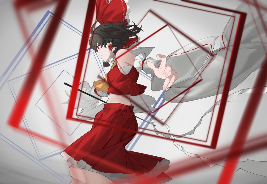 1girl absurdres ascot bow breasts brown_hair chinese_commentary closed_mouth commentary_request crop_top detached_sleeves devilkillerx frilled_bow frilled_hair_tubes frilled_skirt frills gohei hair_bow hair_tubes hakurei_reimu highres japanese_clothes looking_at_another medium_breasts midriff miko nontraditional_miko partial_commentary red_bow red_eyes ribbon ribbon_trim short_hair skirt solo touhou touhou_lost_branch_of_legend white_background white_sleeves yellow_ascot
