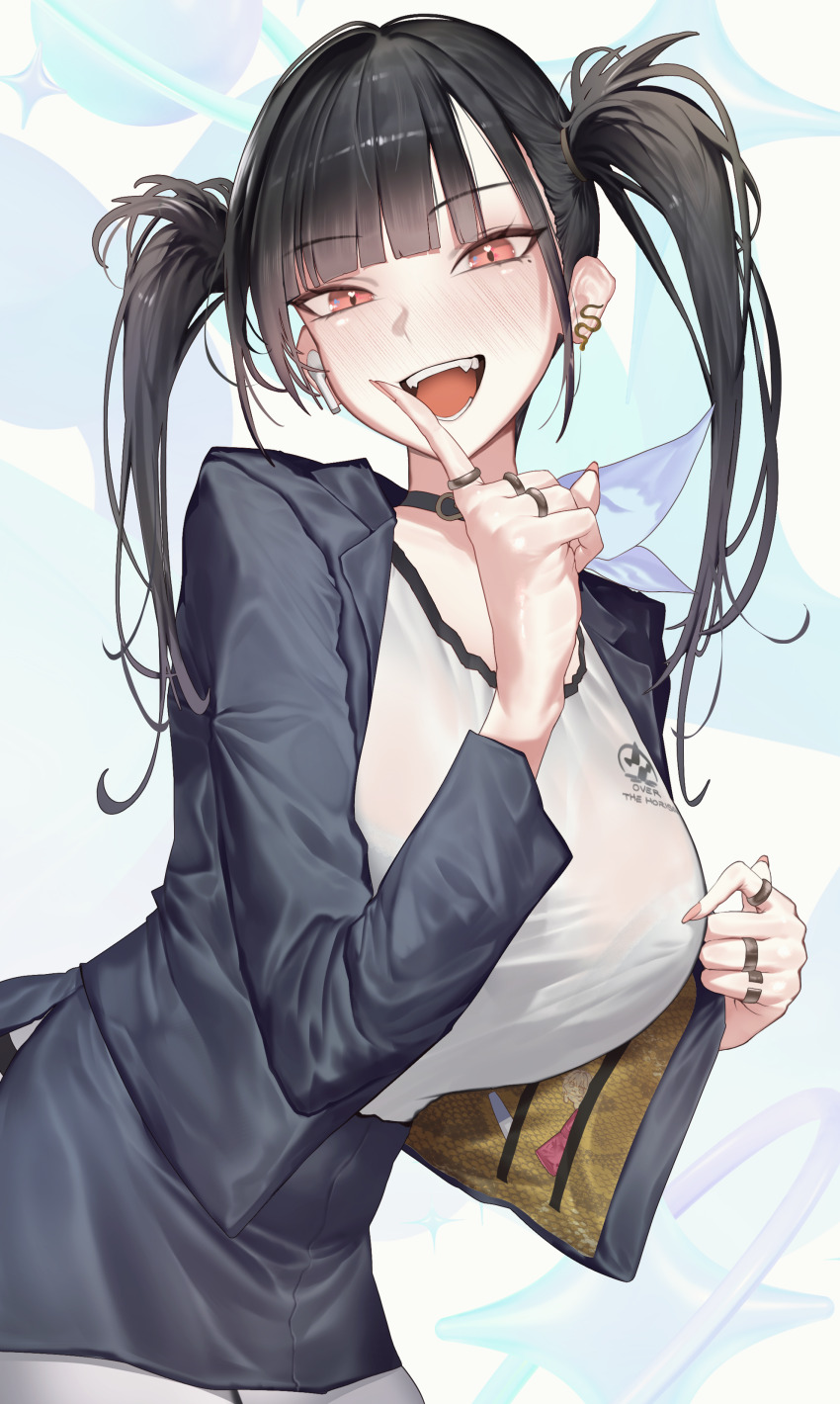 1girl absurdres black_choker black_hair breasts choker finger_to_mouth goddess_of_victory:_nikke highres houh888 jacket jewelry large_breasts long_hair looking_at_viewer mole mole_under_eye open_clothes open_jacket pantyhose red_eyes ring shirt skirt smile solo sora_(nikke) tsurime twintails white_shirt wireless_earphones