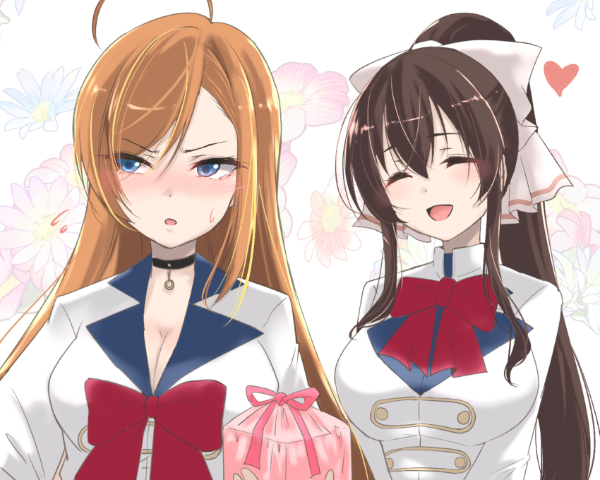 2girls :d ^_^ ahoge assault_lily asymmetrical_bangs averting_eyes black_choker blonde_hair blue_eyes blue_flower blush bow bowtie breasts brown_hair choker cleavage closed_eyes commentary embarrassed floral_background flower flying_sweatdrops gift gift_bag hair_between_eyes hair_bow hand_up heart herensuge_girls_academy_school_uniform high_ponytail holding holding_gift jacket kariya_higure large_breasts long_hair long_sleeves looking_to_the_side multicolored_hair multiple_girls nose_blush open_mouth orange_hair parted_lips pendant_choker pink_flower ponytail red_bow red_bowtie school_uniform serizawa_chikaru sidelocks sideways_glance smile streaked_hair sweatdrop two-tone_hair upper_body urutsu_sahari v-shaped_eyebrows v_arms very_long_hair white_background white_bow white_flower white_jacket yuri