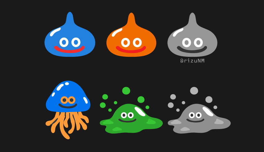 black_background bubble_slime dragon_quest full_body healslime highres liquid_metal_slime_(dq) looking_at_viewer metal_slime monster no_humans rizu_(rizunm) she-slime simple_background slime_(dragon_quest) smile tentacles twitter_username