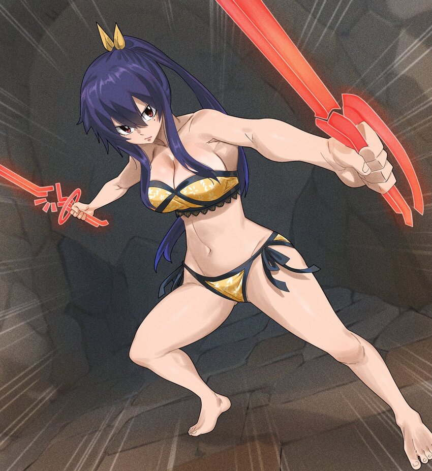 1girl bikini breasts cleavage dual_wielding eden&#039;s_zero gaston18 highres holding homura_kogetsu large_breasts long_hair navel solo swimsuit