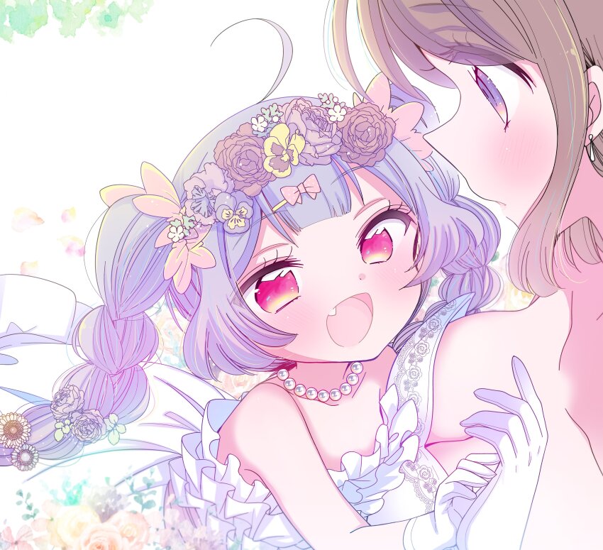 absurdres age_difference brown_hair child dress fang gloves highres jewelry necklace onee-loli onee-san_wa_joshi_shougakusei_ni_kyoumi_ga_arimasu pearl_necklace purple_hair suzuhara_coco wedding_dress white_gloves yamada_minori yuri yuzuki_ryouta