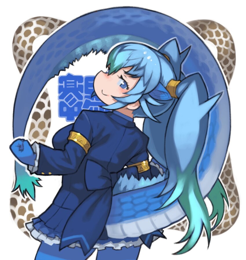 1girl animal_ears blue_eyes blue_hair blue_jacket blue_skirt dragon_girl dragon_tail extra_ears gloves highres jacket kemono_friends long_hair looking_at_viewer looking_back pantyhose ribbon rinx seiryuu_(kemono_friends) shirt simple_background skirt solo tail twintails