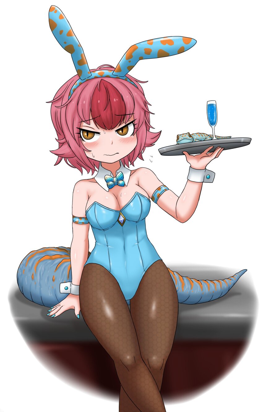 absurdres adansosutega alternate_costume animal_ears armband bare_shoulders blue_bow blue_bowtie blue_leotard blue_nails blush bow bowtie breasts brown_pantyhose cowboy_shot detached_collar embarrassed fake_animal_ears flying_sweatdrops gecko hair_between_eyes highres kemono_friends leotard lizard lizard_tail multicolored_hair nail_polish original pantyhose pink_hair rabbit_ears red_hair reptile_girl short_hair sidelocks slit_pupils strapless strapless_leotard sweatdrop tail tokay_gecko tokay_gecko_(kemono_friends)_(adansosutega) tray two-tone_hair wrist_cuffs yellow_eyes