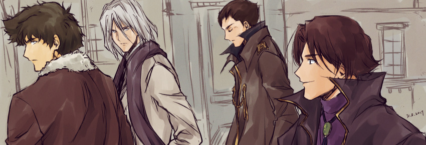 2019 4boys absurdres black_hair brothers brown_hair closed_mouth cowboy_bebop family from_side grey_hair highres lin_(cowboy_bebop) male_focus medium_hair multiple_boys scarf shin_(cowboy_bebop) short_hair siblings smile spike_spiegel spiked_hair tobalin vicious_(cowboy_bebop)
