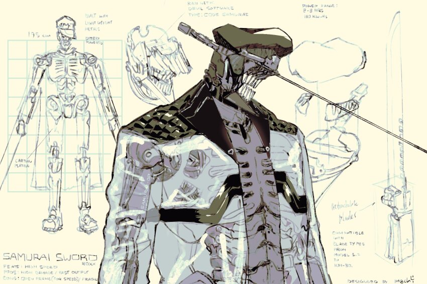 1boy artist_name black_hat chainsaw_man coat commentary english_commentary hat highres katana katana_man_(chainsaw_man) machipachi1901 measurements mechanical_arms see-through_clothes simple_background solo sword teeth weapon