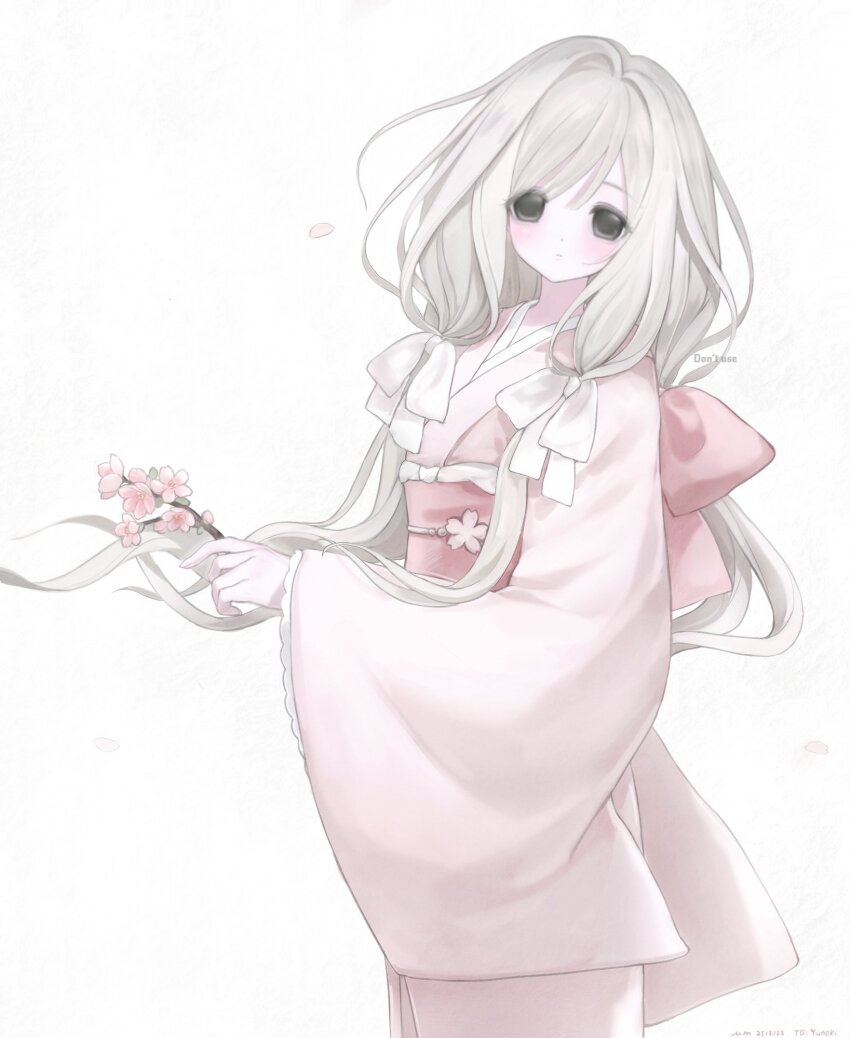 2000s_(style) :| black_eyes bow closed_mouth dress flower highres japanese_clothes kimono original pink_bow pink_dress pink_flower white_bow white_hair xxxtsv