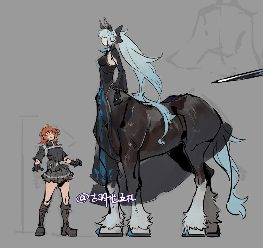 2girls alternate_species animal_ears boots centaur fate/grand_order fate_(series) fujimaru_ritsuka_(female) fujimaru_ritsuka_(female)_(polar_chaldea_uniform) height_difference highres horse_ears mogukong_1238 morgan_le_fay_(fate) multiple_girls multiple_legs orange_hair pleated_skirt skirt standing surprised taur