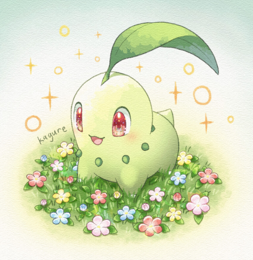 :3 animal_focus artist_name blue_flower blush bud chikorita colored_skin commentary_request creatures_(company) flower full_body game_freak gen_2_pokemon grass green_skin happy highres kagure_(karaguren) leaf nintendo no_humans open_mouth pink_flower pokemon pokemon_(creature) pokemon_focus red_eyes red_flower smile solo sparkle tail yellow_flower