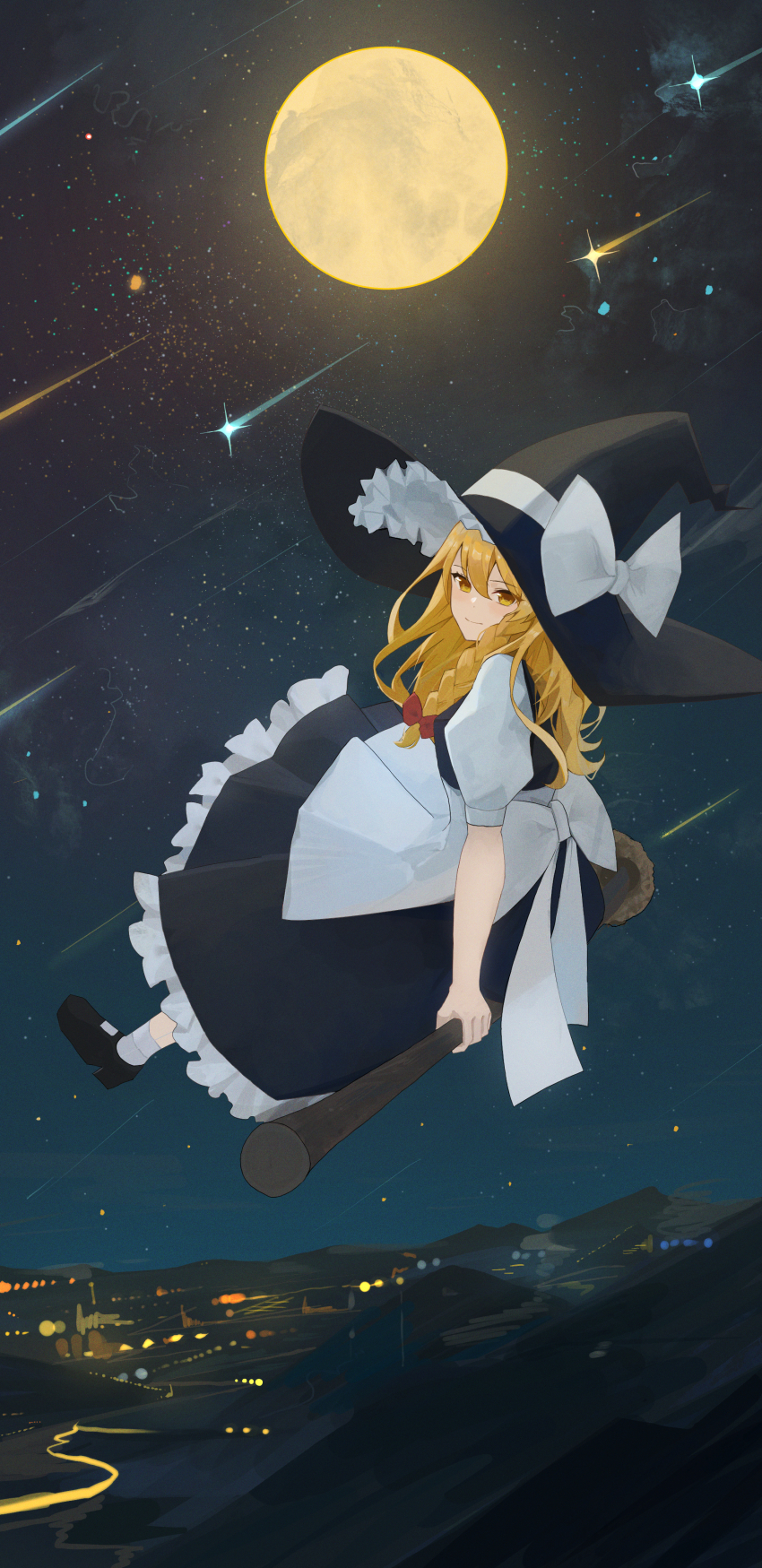1girl absurdres apron black_hat black_shoes black_skirt black_vest blonde_hair bow braid broom broom_riding falling_star frilled_skirt frills full_moon hair_bow hat hat_bow highres kirisame_marisa long_hair mary_janes moon night night_sky palulap puffy_short_sleeves puffy_sleeves red_bow shirt shoes short_sleeves single_braid skirt sky socks star_(sky) touhou vest waist_apron white_apron white_bow white_shirt white_socks witch_hat yellow_eyes