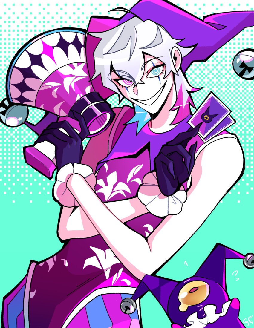 1boy absurdres alternate_costume aqua_background bell black_gloves blue_eyes blue_hair card commentary creature crossed_arms english_commentary eyelashes eyeshadow floral_print gavis_bettel gigglepox gloves gradient_background grey_hair grin happy_birthday hat heterochromia highres holding holding_card holding_megaphone holostars holostars_english jester_cap jester_costume jingle_bell lily_print makeup male_focus megaphone multicolored_hair pale_skin phantom_(gavis_bettel) pink_eyes pink_eyeshadow playing_card polka_dot polka_dot_background puffy_shorts ringed_eyes shorts smile solo striped_clothes striped_shorts teardrop teeth two-tone_background two-tone_hat upper_body virtual_youtuber white_background