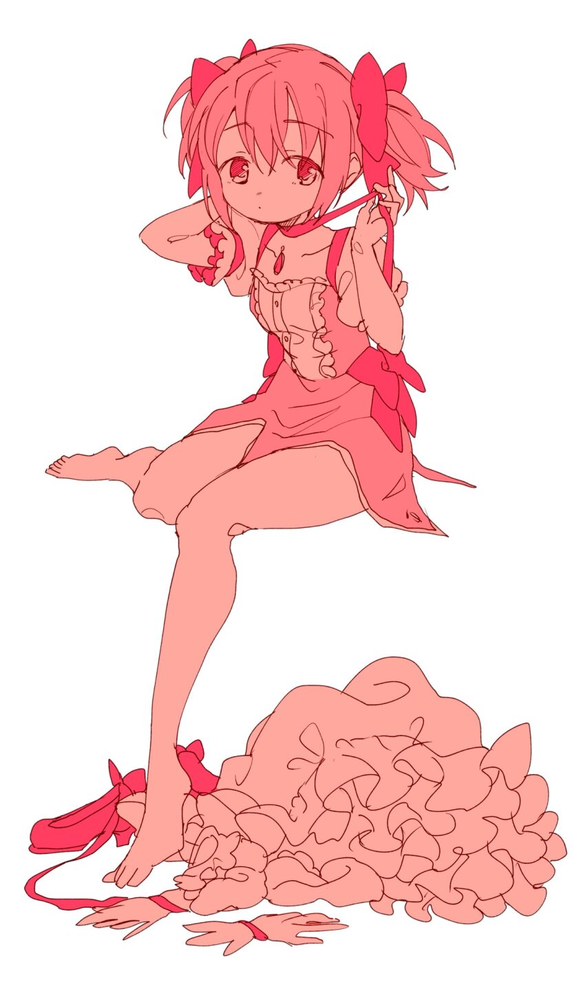 1girl :o ayumaru_(art_of_life) bare_arms bare_legs barefoot bow buttons center_frills commentary commentary_request dot_nose dress expressionless fleur-de-lis footwear_bow frilled_dress frilled_skirt frilled_sleeves frills full_body gloves hair_between_eyes hair_bow highres holding holding_ribbon japanese_clothes kaname_madoka kaname_madoka_(magical_girl) kimono looking_at_viewer magical_girl mahou_shoujo_madoka_magica mahou_shoujo_madoka_magica_(anime) mary_janes neck_ribbon parted_lips petticoat pink_bow pink_dress pink_hair pink_kimono pink_shoes puffy_short_sleeves puffy_sleeves red_eyes ribbon shoes short_dress short_hair short_sleeves short_twintails simple_background sitting skirt solo toes twintails undressing unworn_gloves unworn_ribbon unworn_shoes unworn_skirt waist_bow white_background white_gloves white_skirt white_sleeves