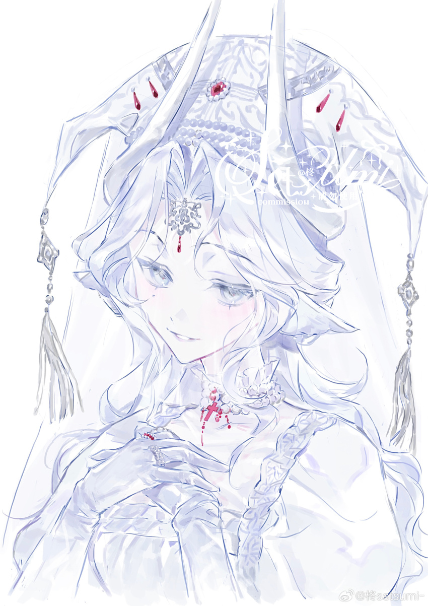 1girl absurdres animal_ears bead_choker beads bird_ears choker circlet commission cross cross_choker demon_horns dress eyelashes frilled_choker frilled_dress frills gloves grey_eyes hair_intakes hand_on_hand hands_on_own_chest highres horns jewelry light_blush long_hair mole mole_under_eye original own_hands_together pale_skin parted_lips puffy_short_sleeves puffy_sleeves ring sample_watermark see-through_clothes see-through_veil short_sleeves simple_background smile solo square_neckline tassel teeth upper_body veil very_long_hair watermark wavy_hair white_background white_choker white_dress white_gloves white_hair white_horns white_theme white_veil zhong_setsumi