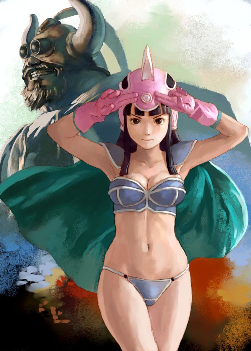 1boy 1girl aged_down armor armpits arms_up bikini bikini_armor black_hair breasts brown_eyes chi-chi_(dragon_ball) cleavage dragon_ball gloves gyuu_mao helmet highres hime_cut horns itou_satoshi large_breasts legs long_hair looking_at_viewer navel realistic serious swimsuit thighs