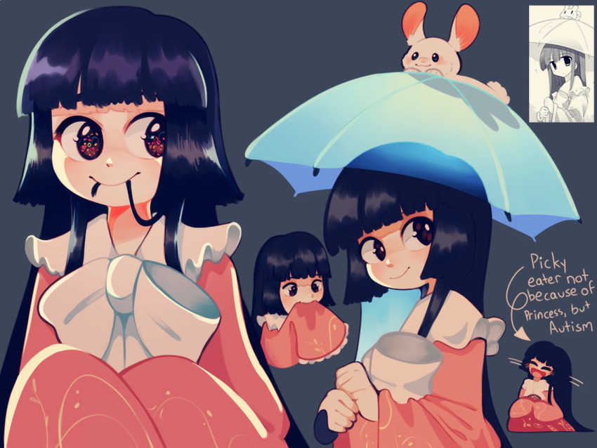 1girl animal arrow_(symbol) black_hair blunt_bangs bow bowtie clem_(calmeremerald) closed_mouth commentary english_commentary english_text frilled_sleeves frills grey_background hair_in_own_mouth hime_cut holding houraisan_kaguya huge_bowtie japanese_clothes long_hair long_sleeves looking_at_viewer multiple_views pink_shirt rabbit red_eyes red_skirt reference_inset shirt simple_background skirt sleeves_past_fingers sleeves_past_wrists smile touhou transparent transparent_umbrella umbrella upper_body white_bow white_bowtie white_fur