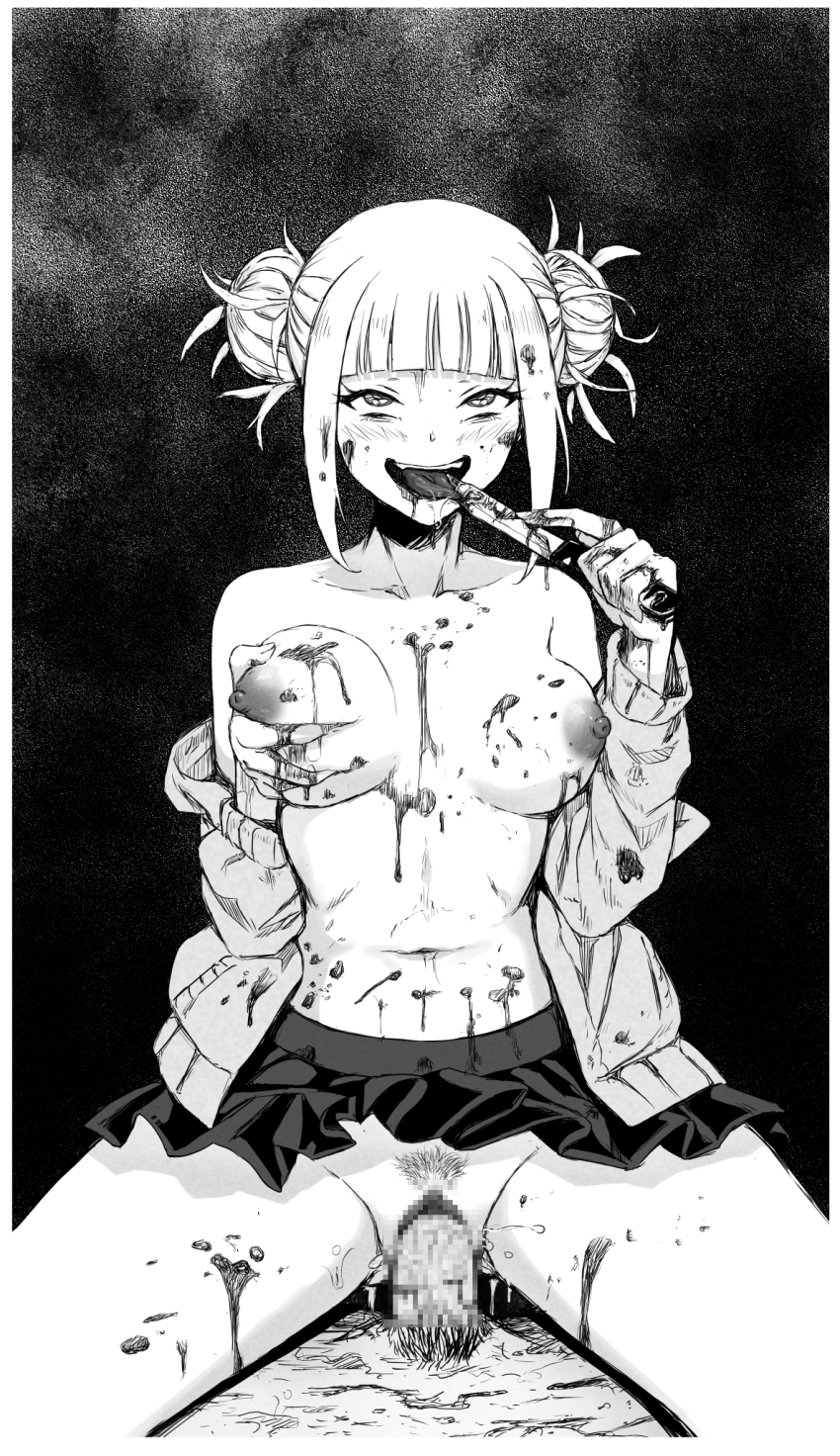 1boy 1girl bags_under_eyes blood blood_on_clothes blunt_bangs blush boku_no_hero_academia border breasts breasts_apart cardigan censored chinese_commentary commentary commentary_request cowgirl_position double_bun english_commentary female_pubic_hair girl_on_top grabbing_own_breast greyscale hair_bun hetero highres holding holding_knife knife large_breasts licking licking_blade licking_blood licking_weapon long_sleeves male_pubic_hair messy_hair mixed-language_commentary monochrome mosaic_censoring navel nipples open_mouth penis pleated_skirt pov pubic_hair pussy qisu sex short_bangs short_hair sidelocks skirt smile solo_focus straddling toga_himiko tongue tongue_out upturned_eyes vaginal weapon