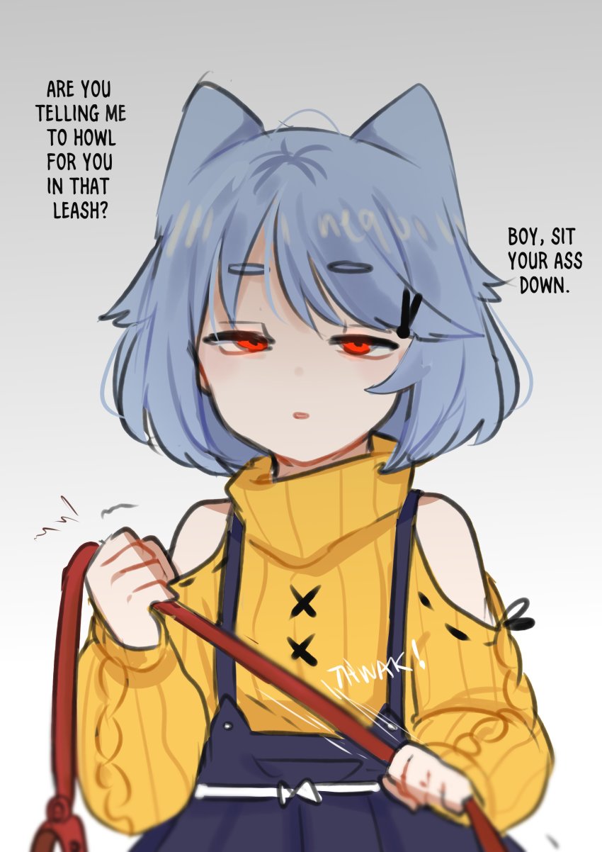 1girl absurdres animal_ears bare_shoulders blue_hair cat_ears cat_girl commentary english_text glowing glowing_eyes highres holding holding_leash leash long_sleeves looking_at_viewer neqo_(character) neqo_(neneneqo) original parted_lips red_eyes short_hair simple_background skirt solo sound_effects suspender_skirt suspenders sweater symbol-only_commentary white_background