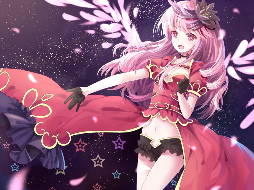 1girl black_gloves black_shorts breasts cleavage collar collarbone eyebrows female_focus flower gloves gold_trim hair_flower hair_ornament half_gloves highres long_hair medium_breasts meigo_arisa micro_shorts midriff navel open_mouth pink_eyes pink_hair short_shorts shorts solo star_(symbol) toaru_majutsu_no_index toaru_majutsu_no_index:_endymion_no_kiseki transistor