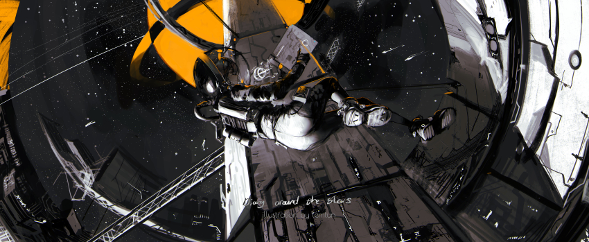 1girl absurdres artist_name canister closed_mouth commentary english_commentary english_text fishbowl_helmet floating helmet highres holographic_interface lemtun original planet planetary_ring shoes solo space space_helmet space_station spacesuit star_(sky)