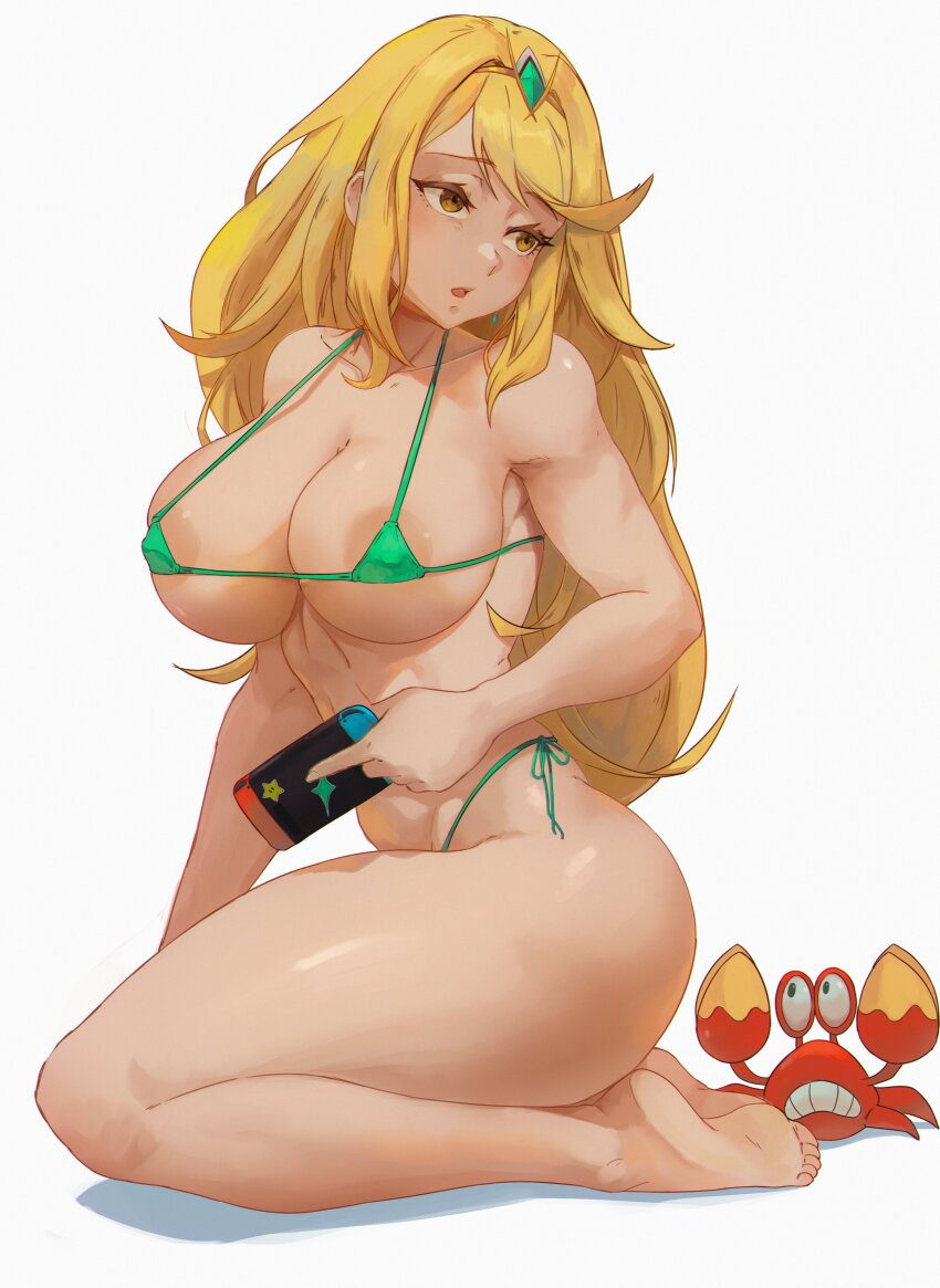 1girl absurdres alterlesott areola_slip barefoot bikini blonde_hair breasts covered_erect_nipples feet highres large_areolae large_breasts legs long_hair looking_to_the_side mythra_(xenoblade) nintendo_switch sitting soles solo super_star_(mario) swimsuit thick_thighs thighs toes xenoblade_chronicles_(series) xenoblade_chronicles_2 yellow_eyes