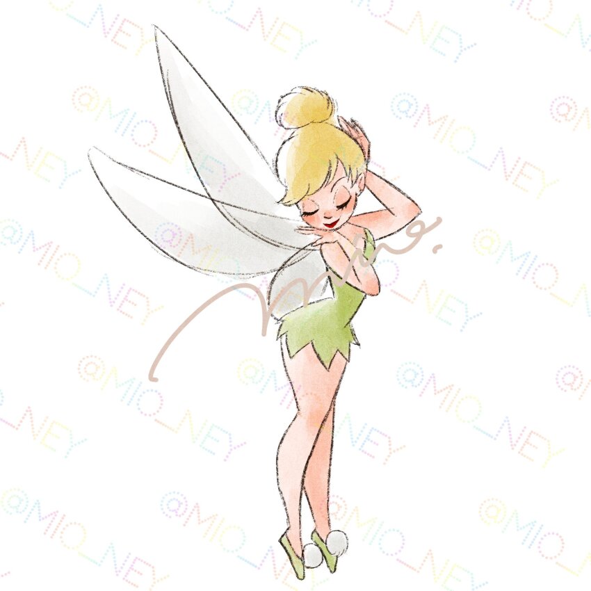 1girl bare_shoulders blonde_hair blue_eyes breasts dress fairy fairy_wings fly_agaric green_dress green_shoes green_tunic hair_bun highres mini_person mio_ney mushroom pointy_ears shoes single_hair_bun smile solo strapless tinker_bell_(disney) tunic walt_disney&#039;s_peter_pan wings