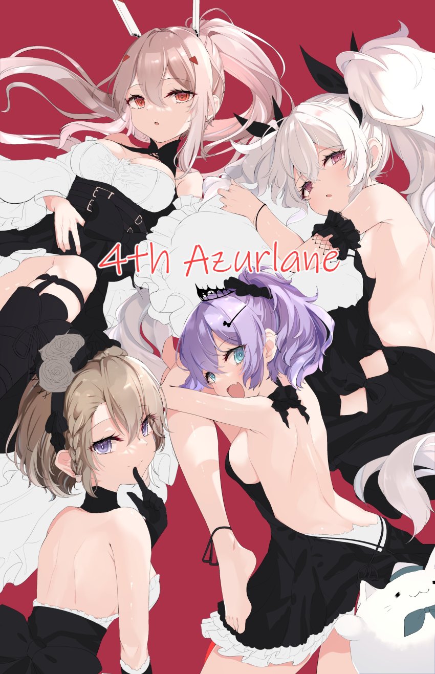 4girls absurdres adapted_costume alternate_breast_size ayanami_(azur_lane) ayanami_(nightfall_raiment)_(azur_lane) azur_lane backless_dress backless_outfit bad_id bad_twitter_id black_dress black_gloves breasts crown detached_sleeves dress fang feet finger_to_mouth flower gloves green_eyes hair_between_eyes headgear high_ponytail highres javelin_(a_different_dance)_(azur_lane) javelin_(azur_lane) laffey_(azur_lane) leg_belt light_brown_hair long_hair looking_at_viewer medium_breasts medium_hair meowfficer_(azur_lane) mini_crown multiple_girls official_alternate_costume open_mouth orange_eyes ponytail purple_eyes purple_hair red_background red_eyes shiira_(nya_rl) short_dress sideboob skin_fang twintails very_long_hair white_flower white_hair z23_(azur_lane) z23_(tanz_der_blumen)_(azur_lane)