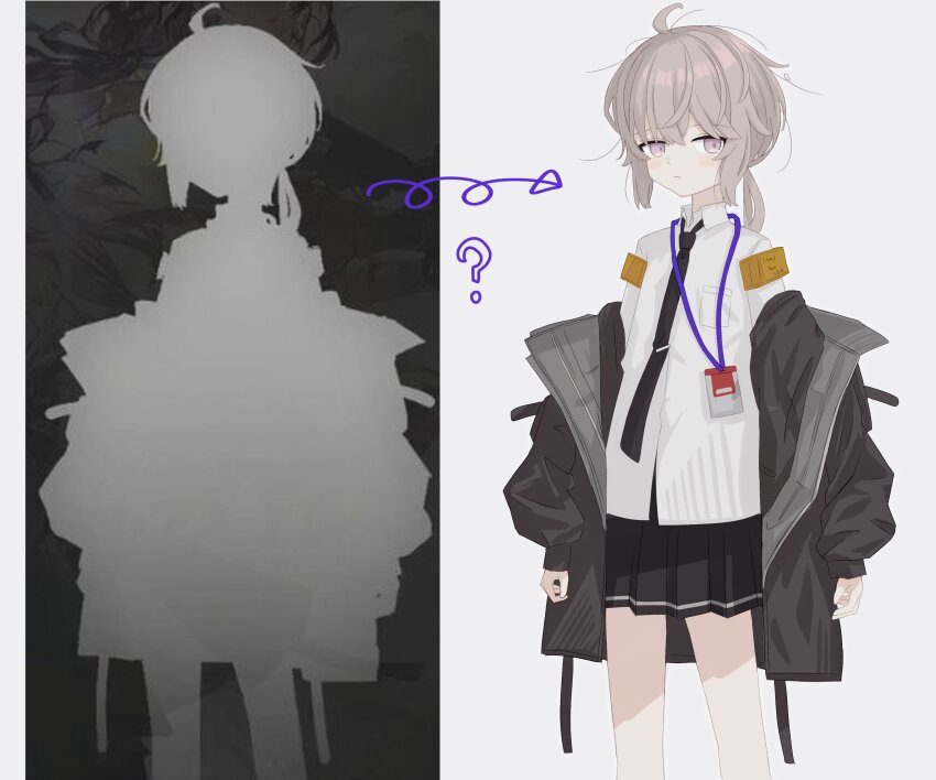 1girl absurdres ahoge armband black_necktie black_skirt blush brown_jacket collared_shirt commentary_request cowboy_shot design_speculation dress_shirt girls&#039;_frontline girls&#039;_frontline_2:_exilium grey_hair hair_between_eyes highres id_card ilea_blanche jacket lanyard long_hair looking_at_viewer low_ponytail m200_(girls&#039;_frontline) miniskirt necktie off_shoulder official_art_inset open_clothes open_jacket pleated_skirt ponytail pout purple_eyes shirt sidelocks simple_background skirt solo standing white_background white_shirt yellow_armband