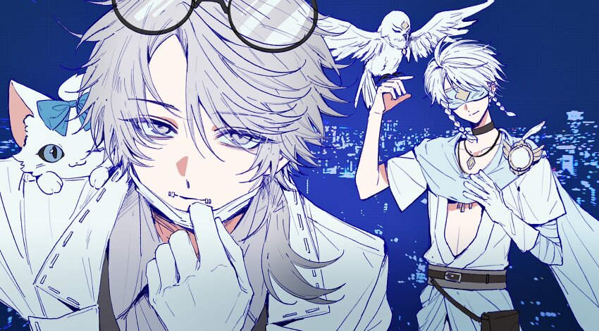 2boys absurdres aesop_carl aesop_carl_(gatto) animal animal_on_shoulder bandaged_arm bandages bird bird_on_hand black_choker blindfold blue_background blue_scarf braid brooch cat cat_on_shoulder choker city_lights coat eli_clark eli_clark_(white) expressionless eyewear_on_head glasses gloves grey_eyes grey_hair grey_shirt highres identity_v jewelry lab_coat leaning_forward light_smile looking_at_viewer male_focus mask mask_pull mouth_mask multiple_boys owl pendant plunging_neckline ponytail robe round_eyewear scarf shirt single_glove stitched_mouth stitches sushisushi_iiii twin_braids white_coat white_gloves white_hair white_robe white_theme
