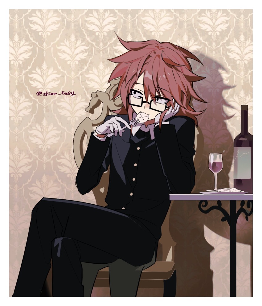 1boy :3 alcohol black_coat black_eyes bottle brown_hair chair chinese_commentary coat coattails commentary_request crossed_legs cup drinking_glass eating fork glasses gloves highres holding holding_fork male_focus randal&#039;s_friends randal_ivory shime52631 sitting solo white_gloves wine wine_bottle wine_glass